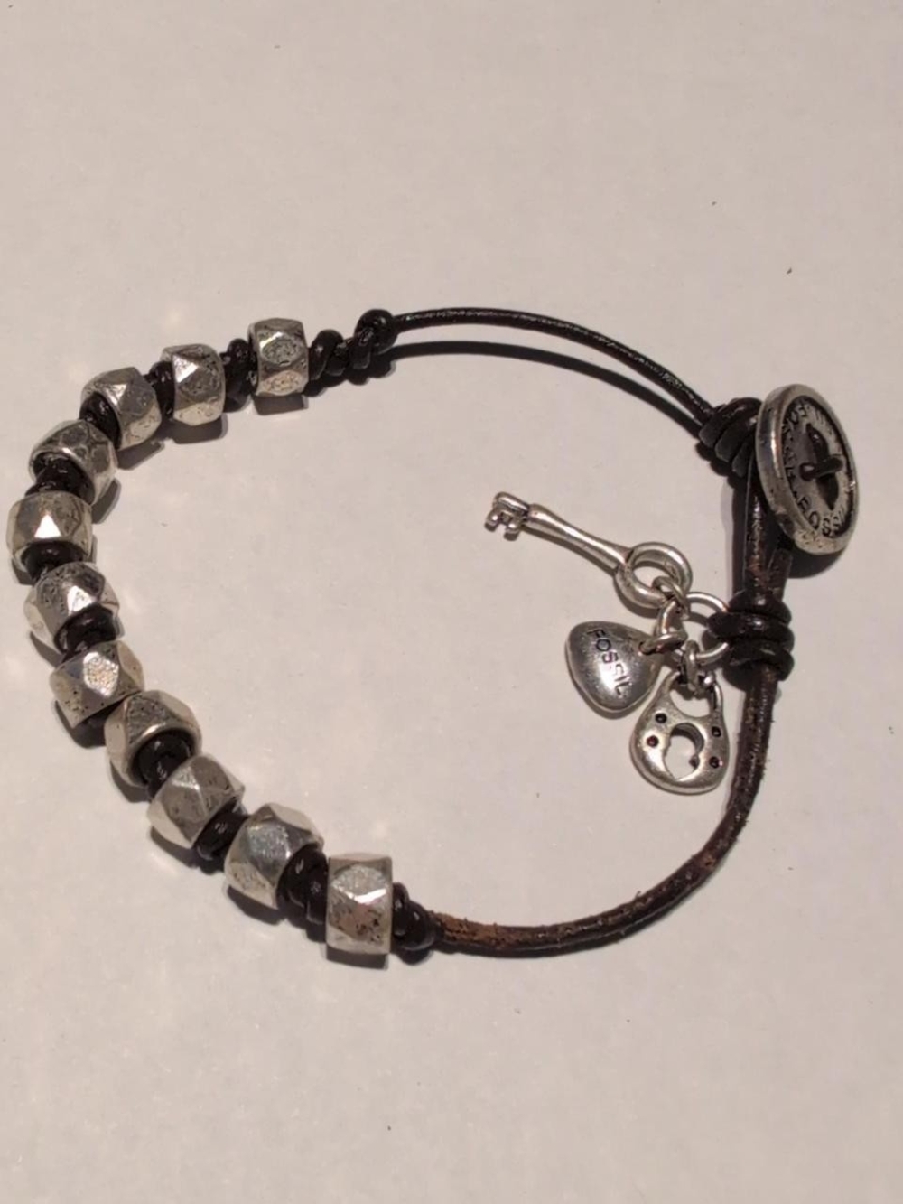Fossil brown leather bracelet with silver beads and charms #leatherbracelet #cha